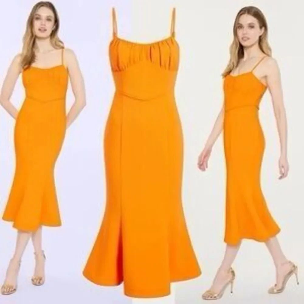 NEW Likely Lyla Trumpet Midi Dress in Orange Size 10
